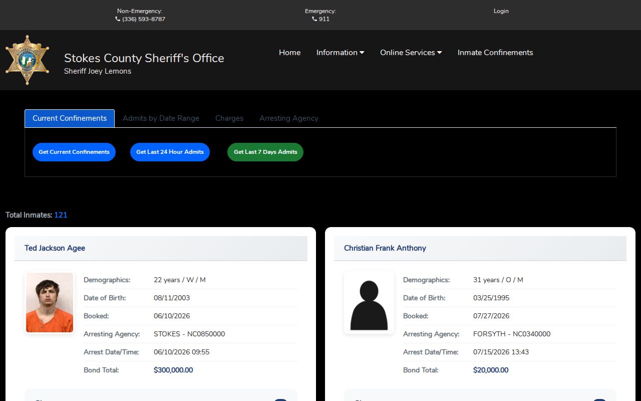 Stokes County released inmate search showing current confinements and admissions