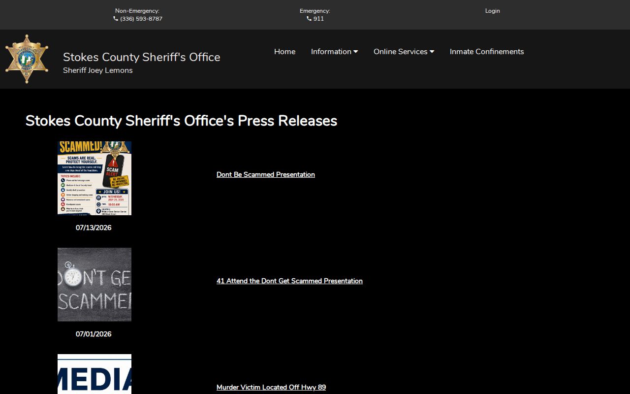 Stokes County Sheriff press release channel for selected booking photographs
